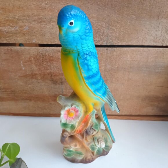 Parakeet Budgie Bird Figurine, Vintage Japan, Painted Ceramic Blue Yellow - Picture 3 of 9